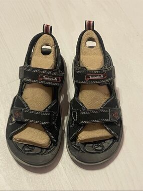Timberland Black and Tan Kids Leather Hook-and-Loop Sandals